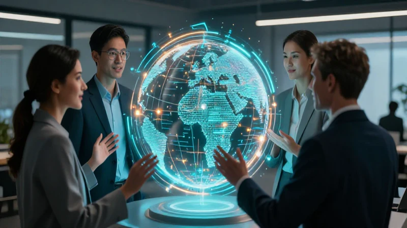 Consultores profesionales alrededor de un holograma de datos