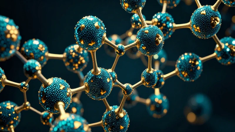 Lattice molecular, dinámico, en tonos cian y oro