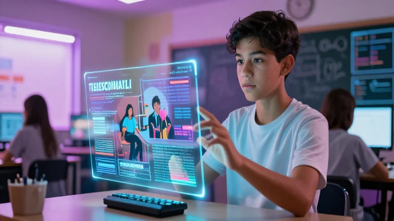 Estudiante joven aprende con holograma en aula moderna