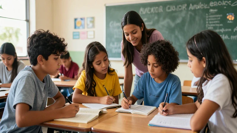 Estudiantes colaboran en un aula moderna y vibrante