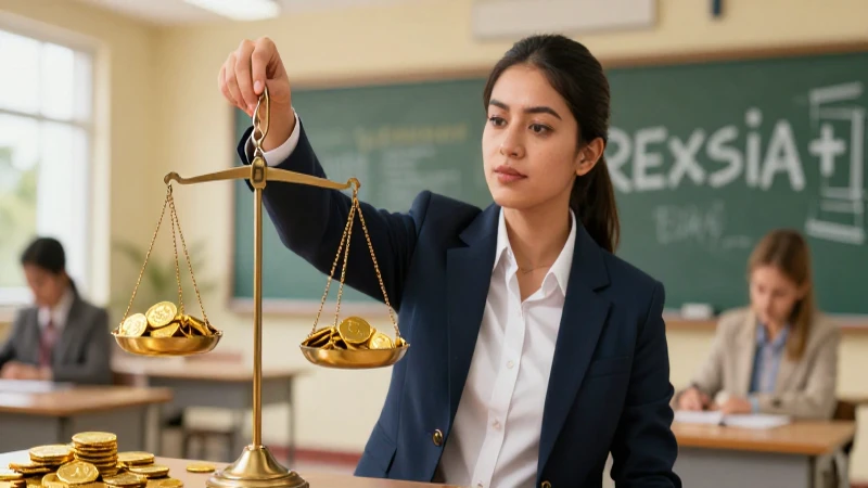 Educadora equilibrando oro en la balanza de justicia