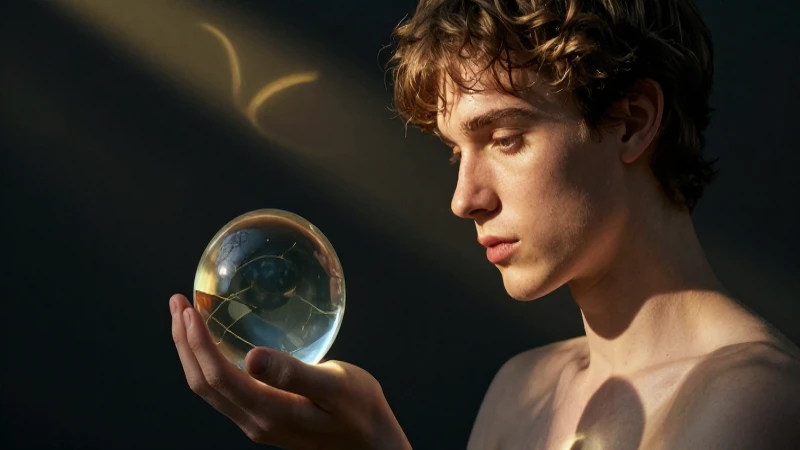 Retrato dramático de un joven sosteniendo una esfera de valor