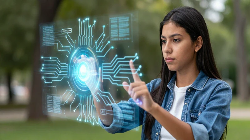 Estudiante interactúa dinámicamente con IA holográfica futurista