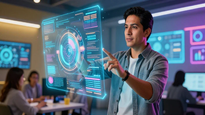 Profesor mexicano interactúa con datos holográficos futuristas