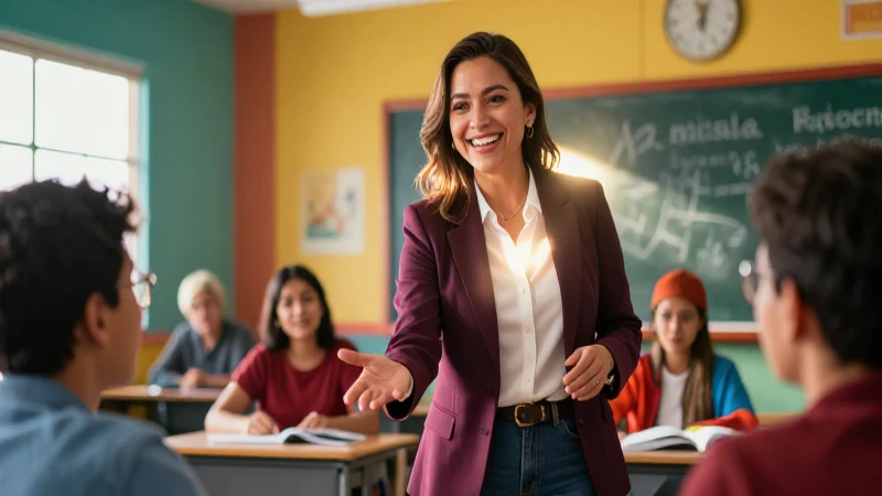 Maestra mexicana inspirando en un aula moderna