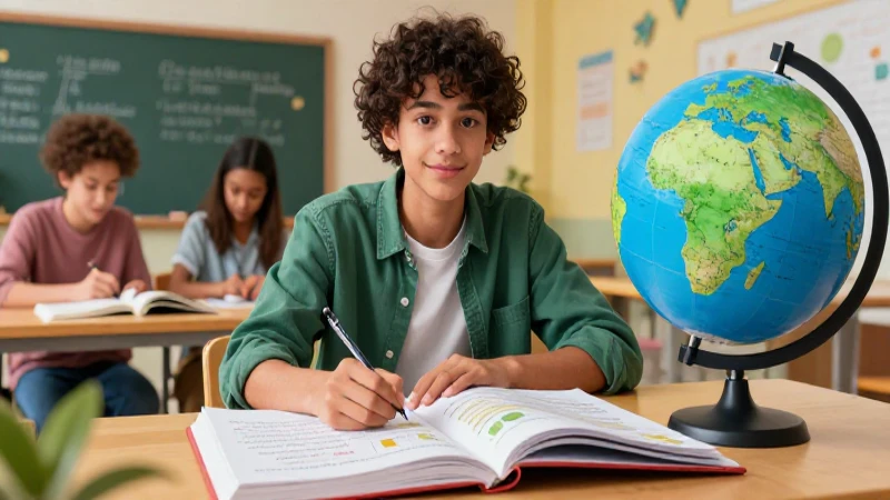Estudiante diverso estudia inglés en ambiente vibrante