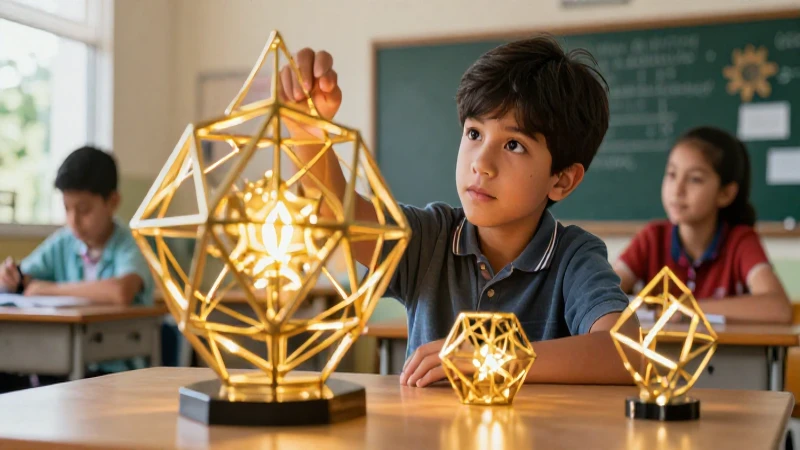 Estudiante curioso con modelos geométricos dorados