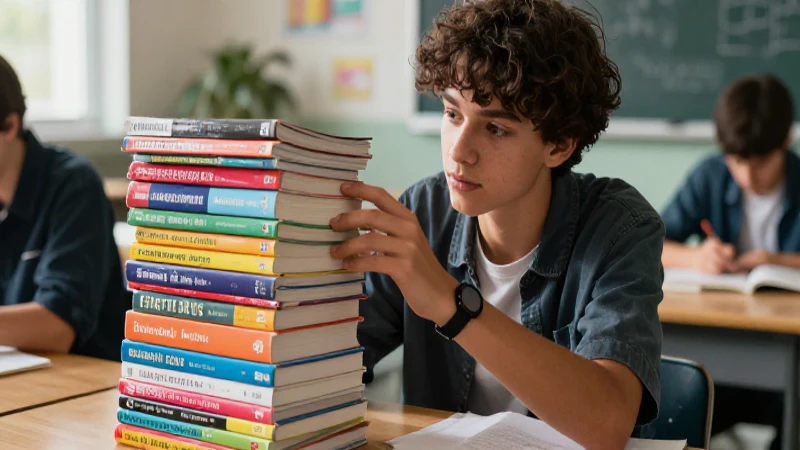 Estudiante mira libros en aula moderna