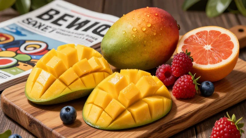 Fruta fresca y colorida en tabla de madera