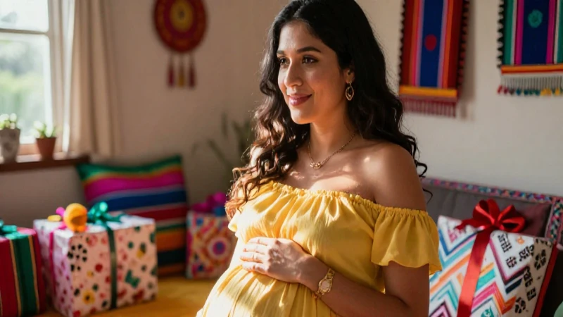 Baby Shower: Orígenes, Definición y Concepto Explicado 4 Mujer embarazada radiante en vibrante escena mexicana