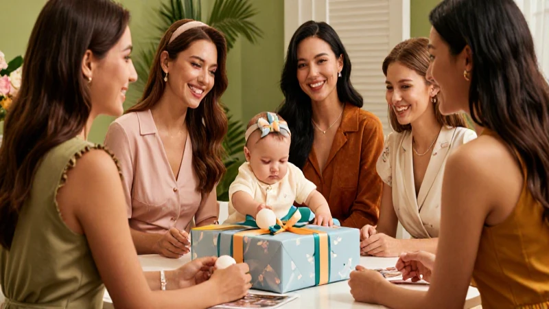 Baby Shower: Orígenes, Definición y Concepto Explicado 5 Mujeres elegantes y regalo infantil en primer plano