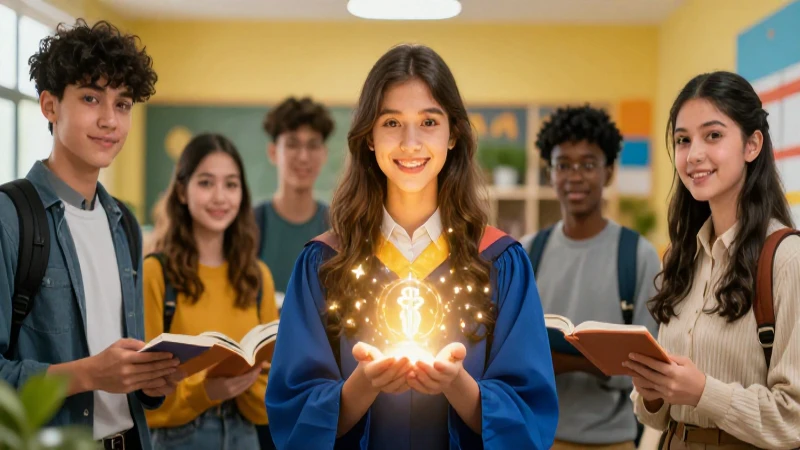 Estudiantes diversos aprendiendo con conocimiento luminoso