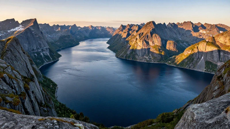 Fjord majestuoso con luz dorada y colores vibrantes