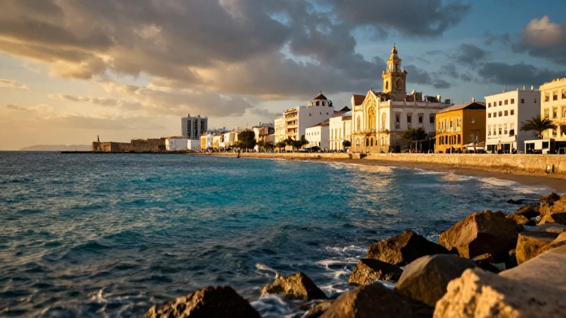 Bahía de Cádiz vibrante con estética editorial educativa