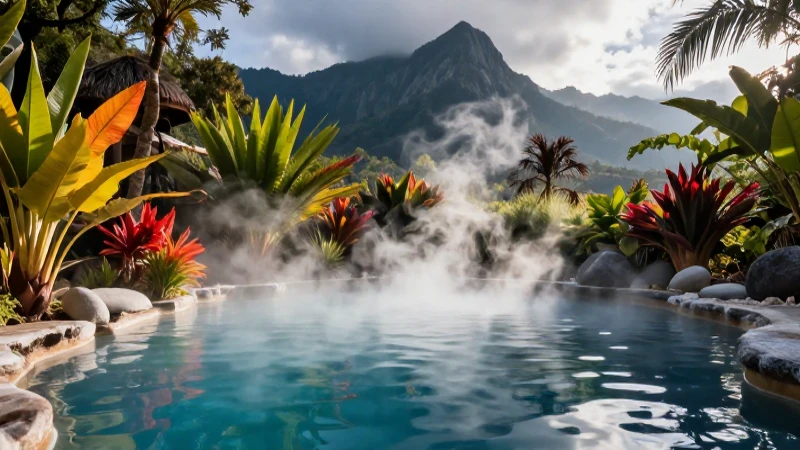 Balnearios: Qué son, etimología, características y ejemplos 4 Serena piscina termal mexicana con montañas dramáticas
