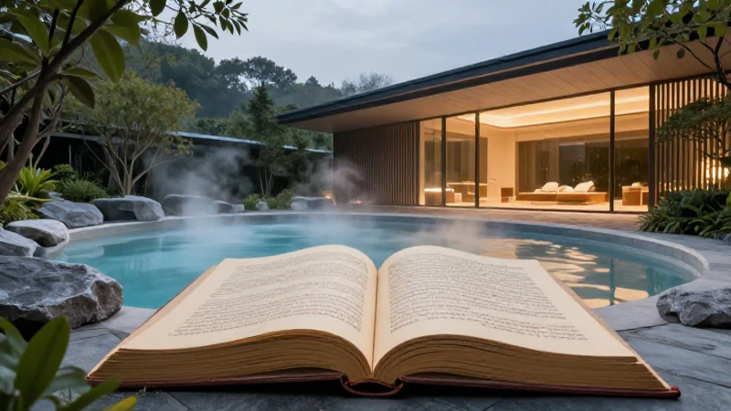 Balnearios: Qué son, etimología, características y ejemplos 8 Piscina de lujo, libro antiguo y diseño moderno