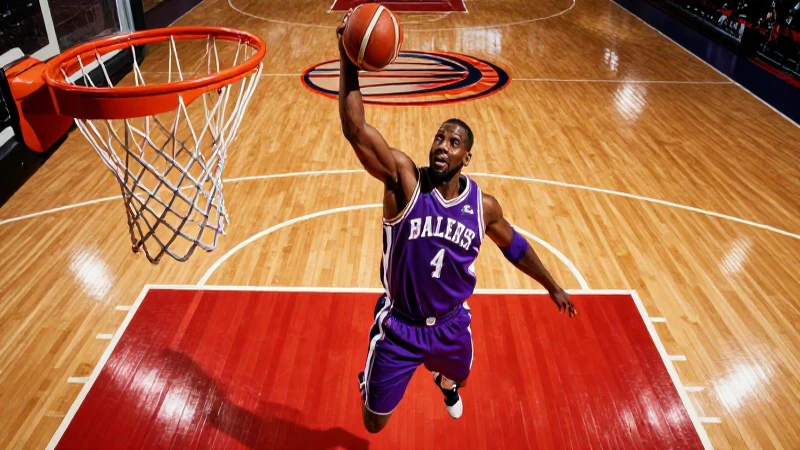 Jugador histórico de baloncesto en una acción impresionante