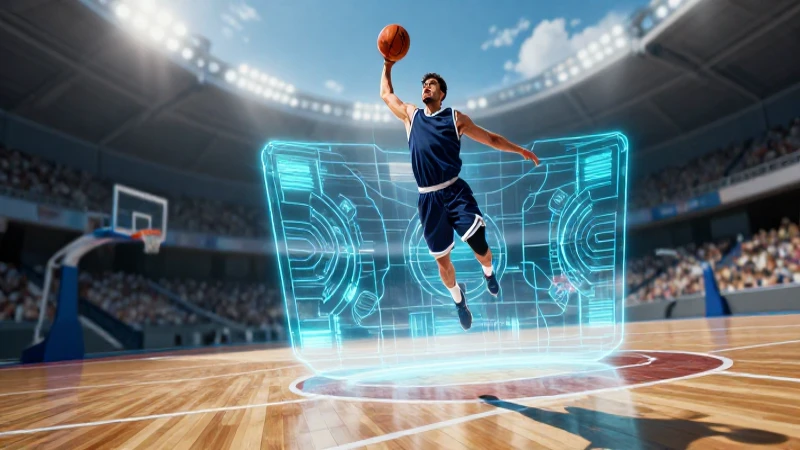 Baloncesto futurista en un holograma vibrante