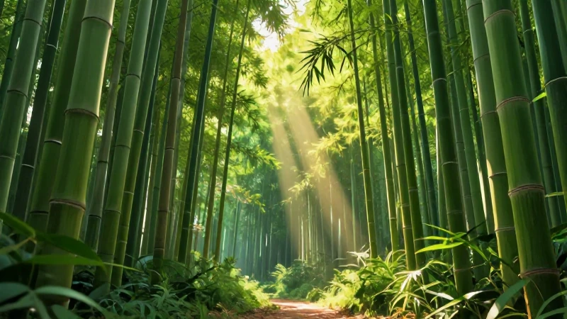 Bosque de bambú fotorealista con luz dorada
