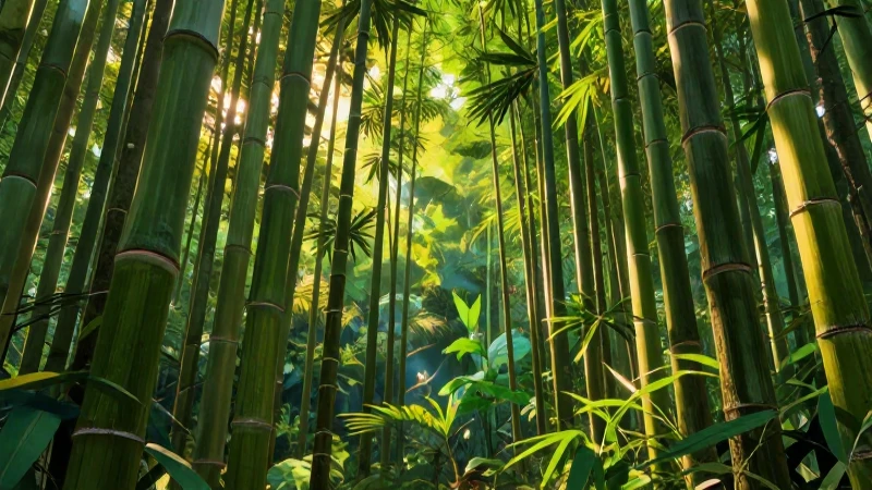 Bosque de bambú dorado, vibrante y detallado