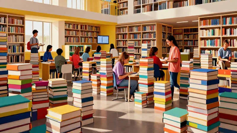 Encuentra libros de texto en Zaragoza al mejor precio: Banco de libros 3 Biblioteca moderna vibrante con estudiantes bajo luz cálida
