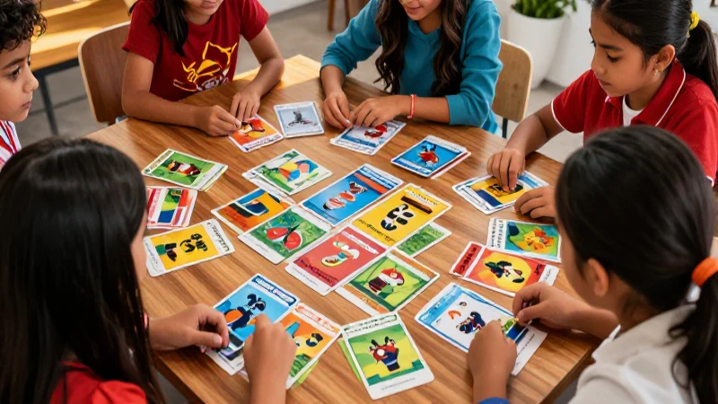 Estudiantes mexicanos aprendiendo con cartas educativas vibrantes