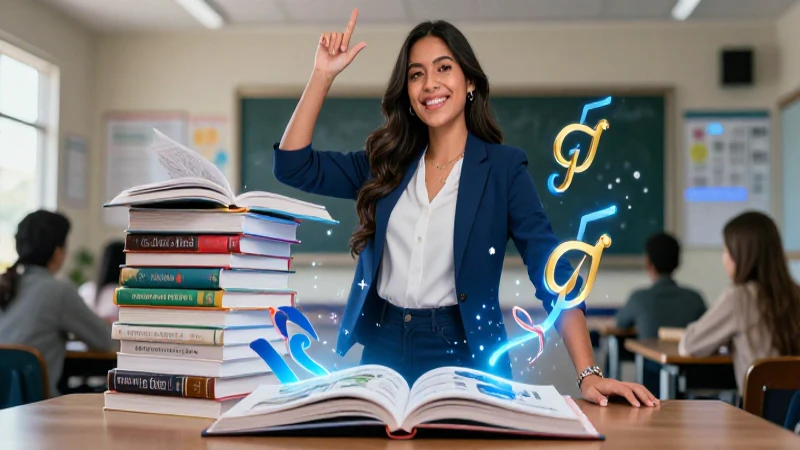 Educador mexicano carismático con libros y símbolos dorados