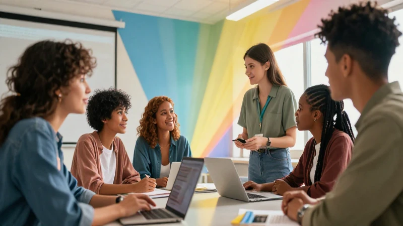 Barreras de Comunicación: Superando Obstáculos Comunes 4 Educadores colaborando en un aula vibrante