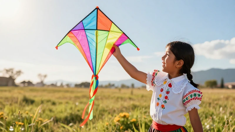 Niño sonríendo vuela un barrilete en un campo