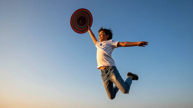 Niño feliz con papalote bajo cielo vibrante