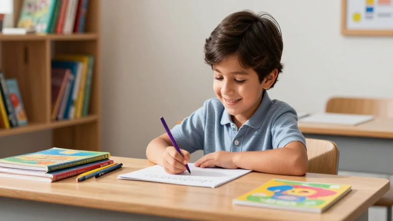 Educación básica: Qué es y cómo aprendo en casa y en clase 4 Estudiante aprende sonriendo en escritorio moderno y luminoso