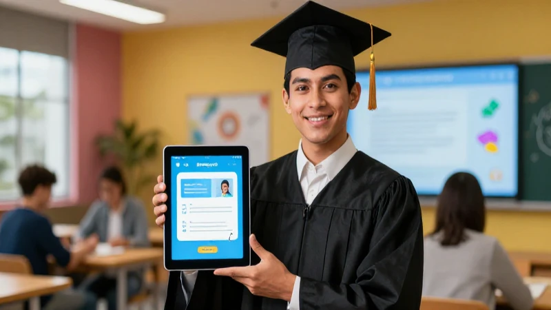Joven mexicana exitosa con tablet de aprendizaje