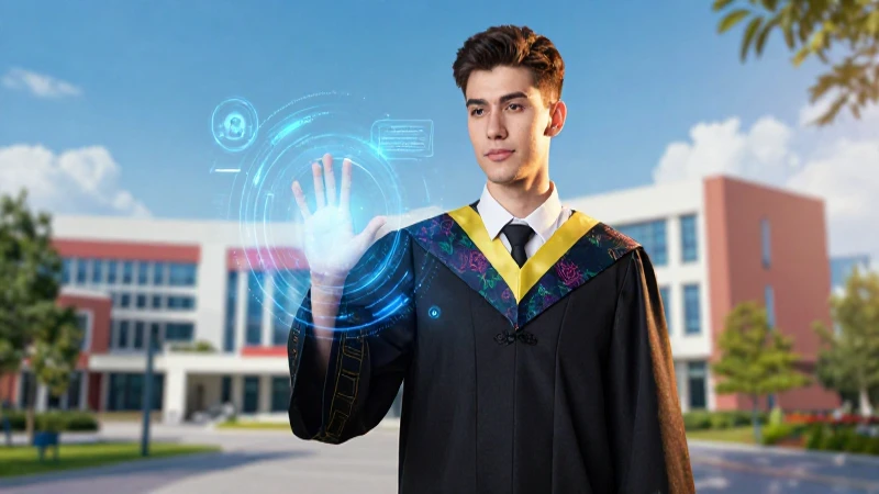 Joven graduado brillante en campus moderno