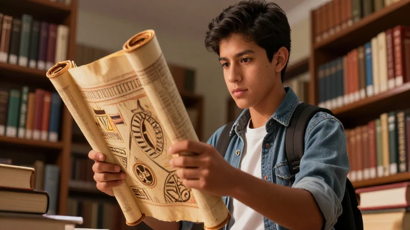 Estudiante mexicano con pergaminos antiguos