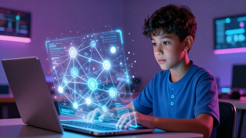 Biblioteca virtual: Accede a recursos educativos en línea 4 Estudiante mexicano aprende con holografía digital brillante