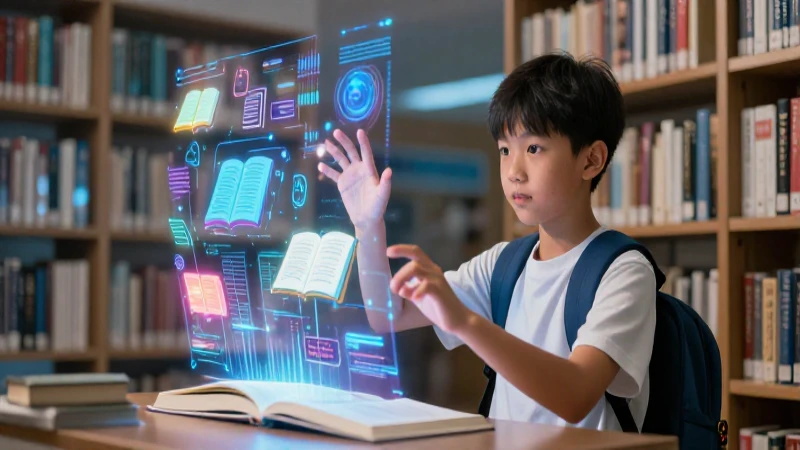 Biblioteca virtual: Accede a recursos educativos en línea 8 Estudiante aprende en futurista biblioteca digital