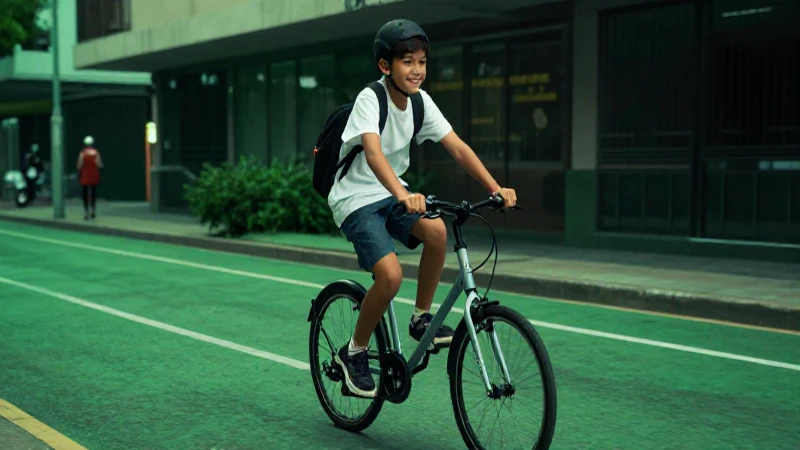 Estudiante sonríe montando bicicleta en camino verde