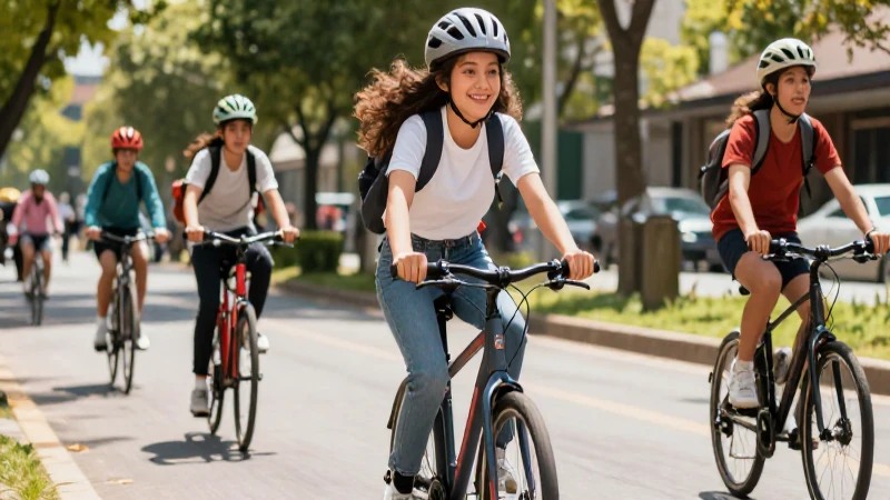 Joven ciclista sonriente en vibrante entorno urbano