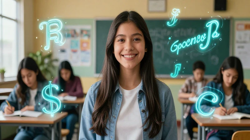 Estudiante mexicano alegre rodeado de símbolos brillantes