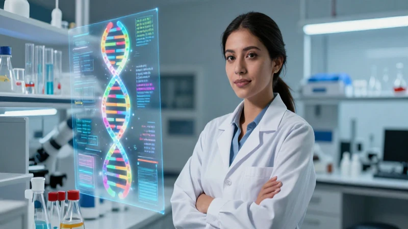 Analista mexicana en laboratorio con holograma de ADN
