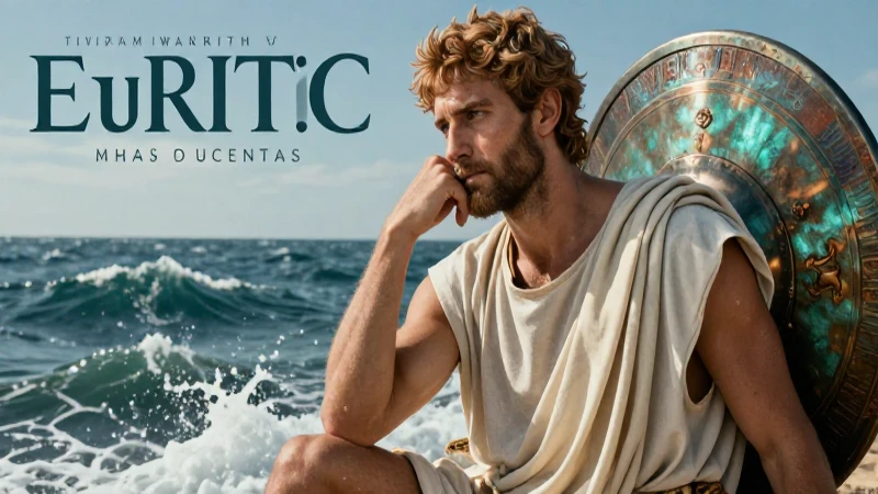Poeta griego con escudo ante el mar