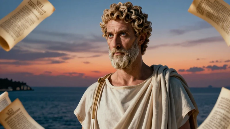 Poeta griego heroico en dramática iluminación de atardecer