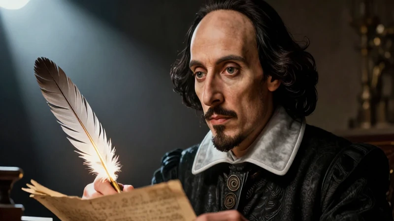 Retrato realista de Shakespeare con luz dramática y pluma