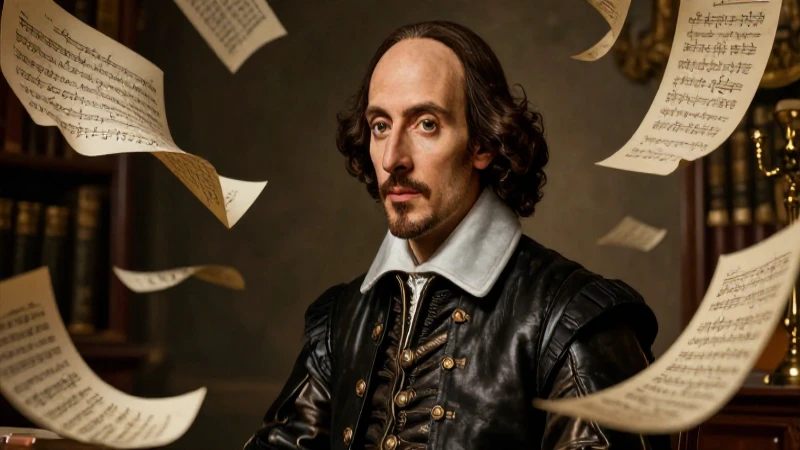 Shakespeare en estudio barroco, sonetos dorados flotando