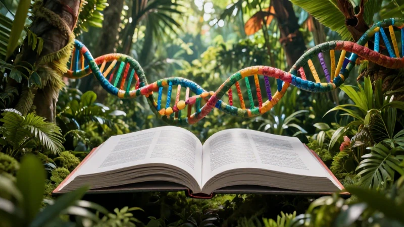 Libro educativo flotando sobre selva con ADN