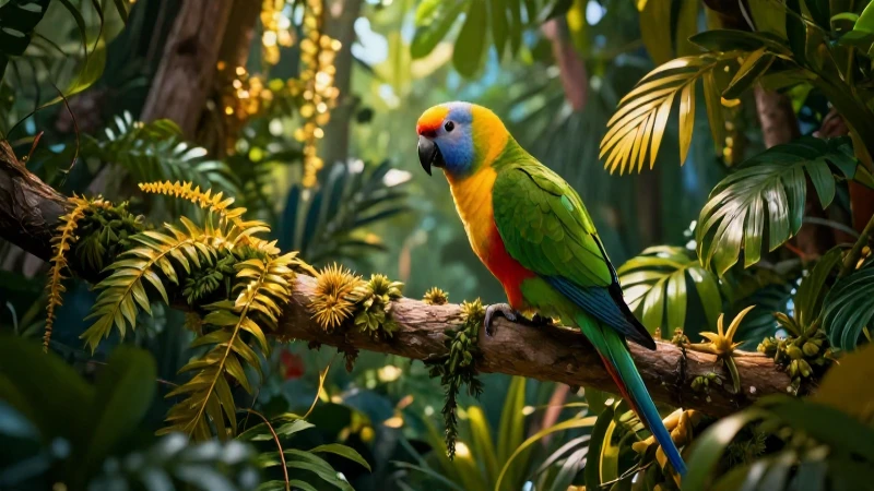 Loro vibrante en exuberante jungla detallada