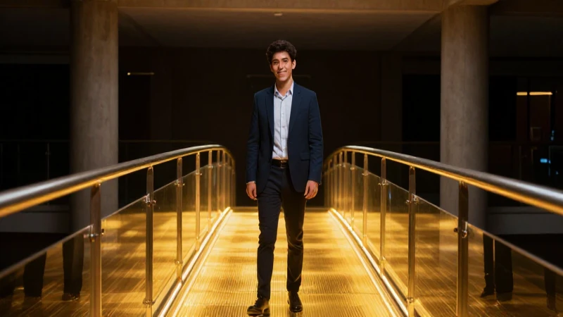 Académica mexicana profesional sobre un puente luminoso
