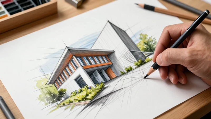 Mano esbozando diseño arquitectónico conceptual