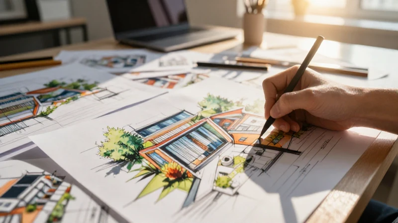 Arquitectos diseñando planos en luz dorada