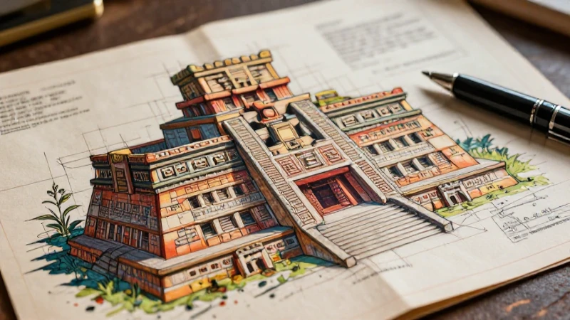 Es un diseño arquitectónico maya detallado y moderno